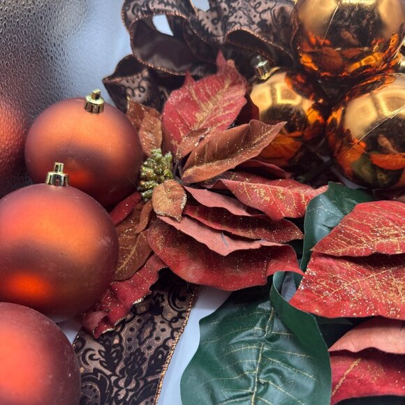 Gold & Copper Christmas Ornament Set With Poinsettias & Brown Patterned Ribbon - Picture 2 of 6